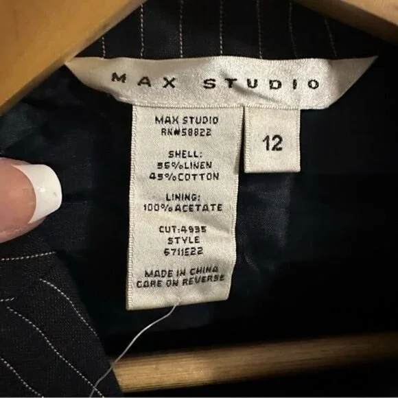 Max Studio Black Pinstripe Fully Lined Linen Blazer Jacket-Size 12 - Picture 10 of 11